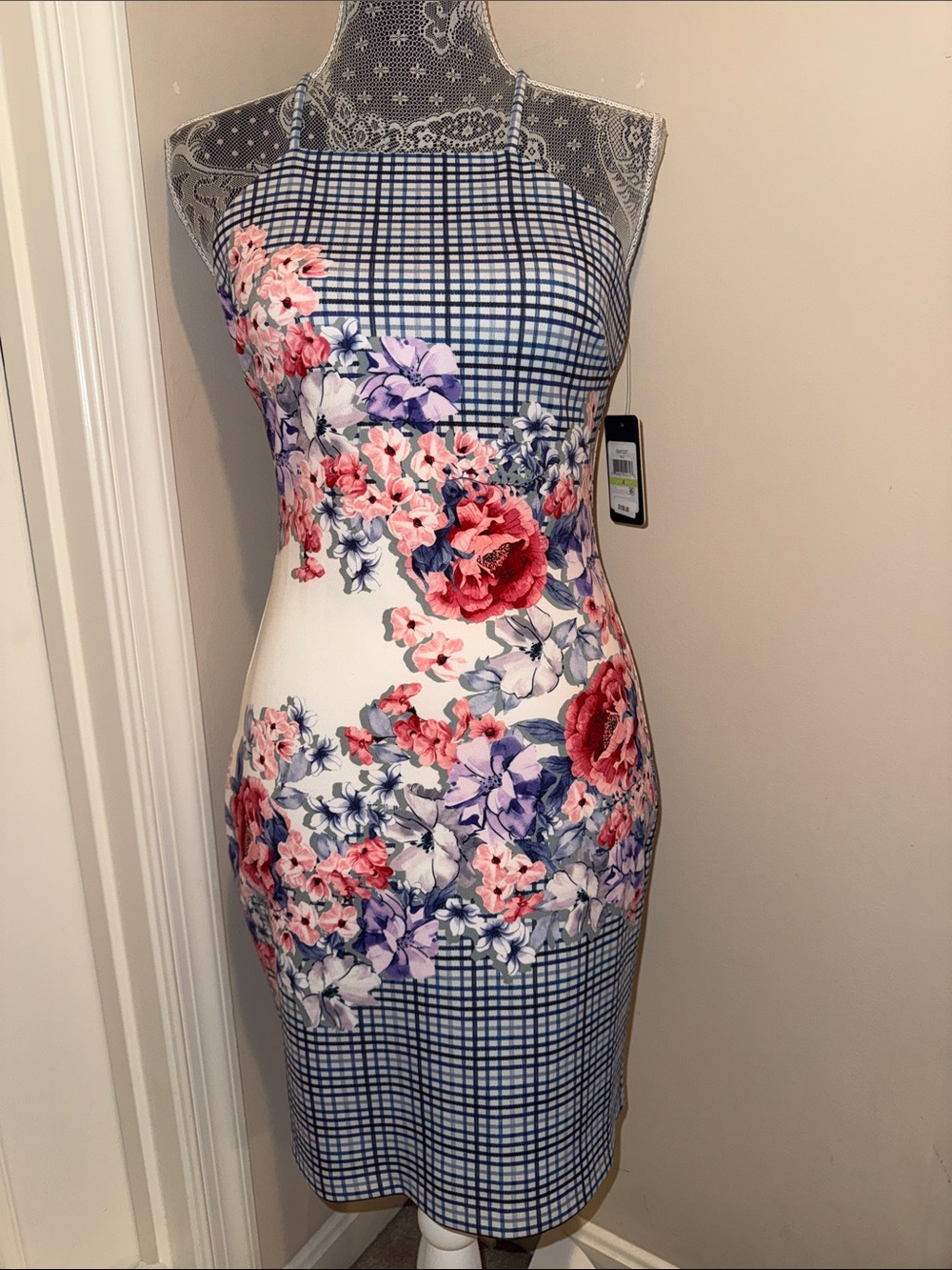 Guess Blue Gingham Midi Dress with Pink & Purple Floral Print size 4 nwt